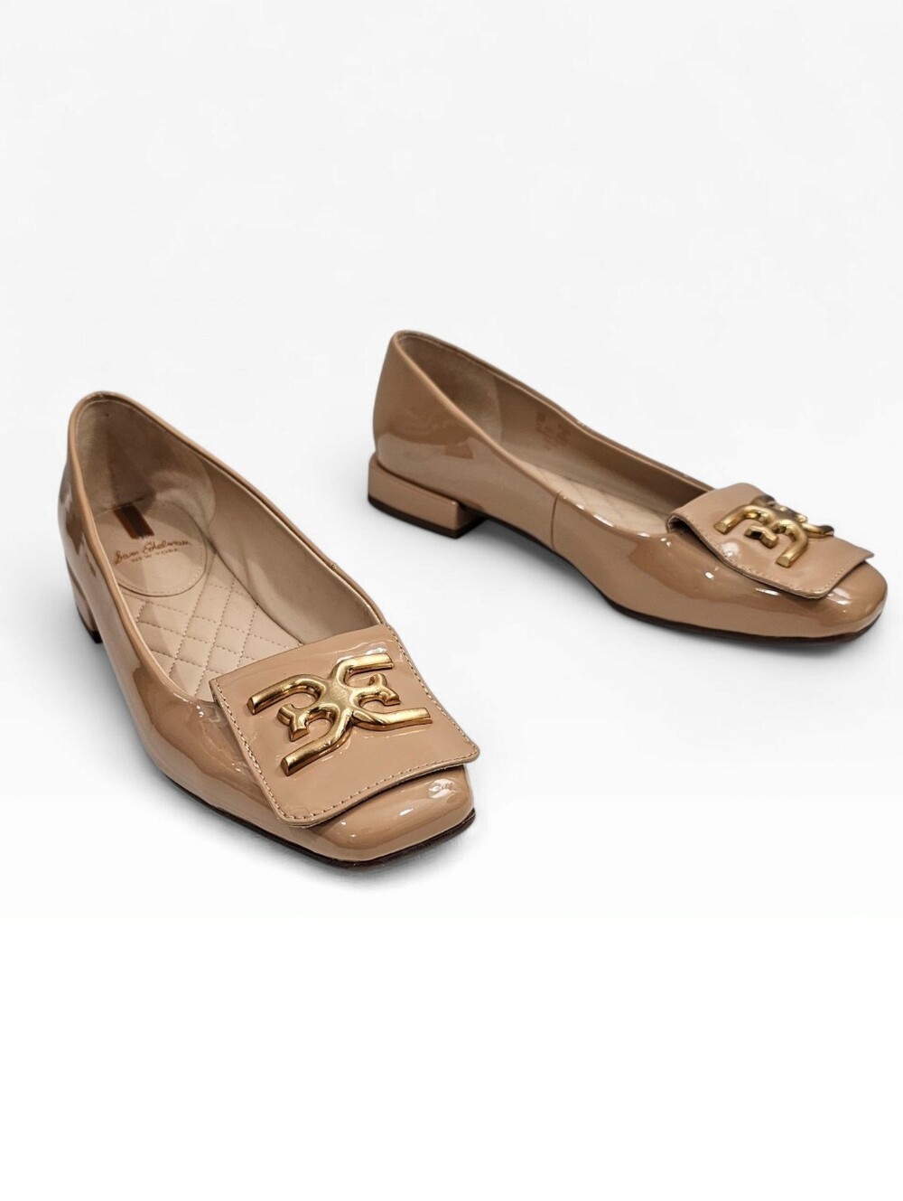 SAM EDELMAN Emina Nude Beige Patent Square Gold Ornament Toe Flats 6M